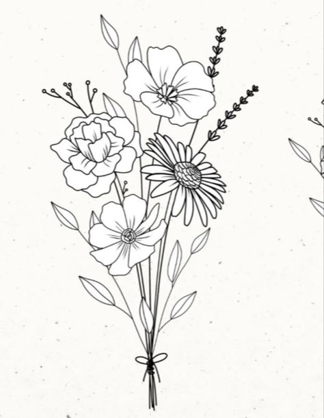 Flower Bouquet Tattoo Drawing, Bundles Of Flowers Tattoo, Bouquet Of Flowers Outline, One Line Flower Bouquet Drawing, Wildflower Bouquet Line Drawing, Simple Wildflower Bouquet Drawing, Flower Bouquet Sketch Simple, Wild Flower Sketches Simple, Bouqette Of Flowers Drawing