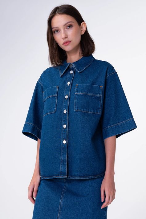 Short Sleeve Denim Shirt, Short Sleeve Denim, Fits With Shorts, Clothing Labels, Denim Top, Denim Shirt, Oversized Fits, Denim Button Up, Farmer