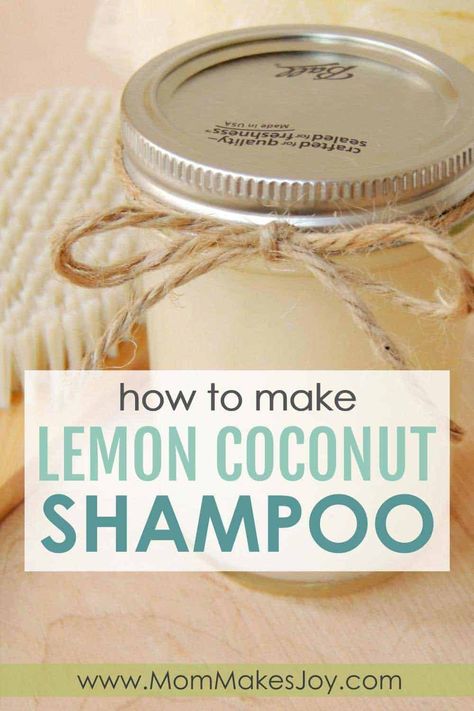 Learn to make your own organic lemon coconut shampoo! Inexpensive and great for your hair, this lemon coconut shampoo will be your new favorite. | DIY Bath and Body | Organic shampoo | SLS Free SLES Free No Parabens | Mom Makes Joy Diy Shampoo No Castile Soap, Diy Shampoo Without Castile Soap, Diy Shampoo For Hair Growth, Shampoo Diy, Coconut Shampoo, Shampoo Recipe, Homemade Moisturizer, Homesteading Ideas, Diy Instagram