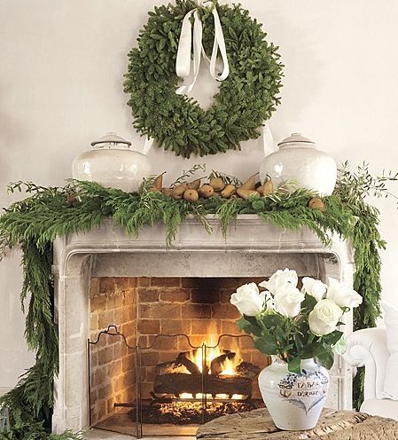 Friday Favorites - Wreaths - Maison de Cinq French Country Christmas, The Mantle, French Christmas, Christmas Fireplace Decor, Christmas Decor Inspiration, Christmas Interiors, White Christmas Decor, Hello Lovely, Christmas Greenery