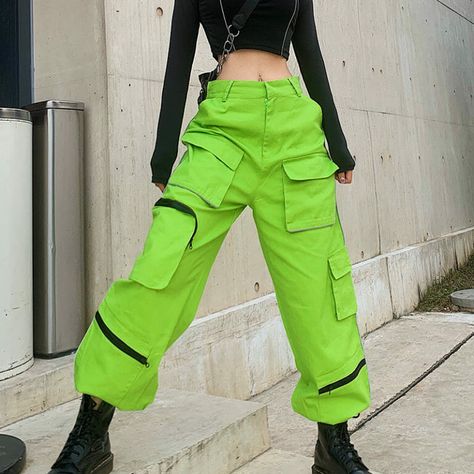 Neon Green Cargo Pants, Neon Punk Fashion, Neon Green Outfits, Cargo Pants Women Baggy, Harem Pants Hip Hop, Streetwear Cargo Pants, Abs Exercise, Cargo Outfit, Oc Outfits