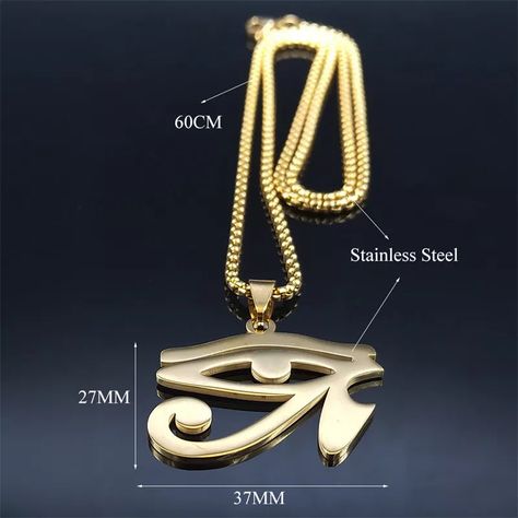 Introducing this Ancient Egypt Necklace with te Eye of Horus pendant crafted in gold-plated stainless steel. This iconic symbol signifies protection and power from ancient Egyptian culture. A fusion of durability and elegance, this necklace embodies ancient wisdom, offering a timeless connection to Egypt's rich heritage. Metals Type: Stainless Steel Chain Type: Link Chain We ship worldwide to 185 countries! Please allow 1-2 business weeks for your order to arrive. Egyptian Eyes, Egypt Necklace, Horus Eye, Necklaces Men, Egyptian Eye, Eye Of Ra, Symbol Necklace, Eye Of Horus, Unisex Necklace