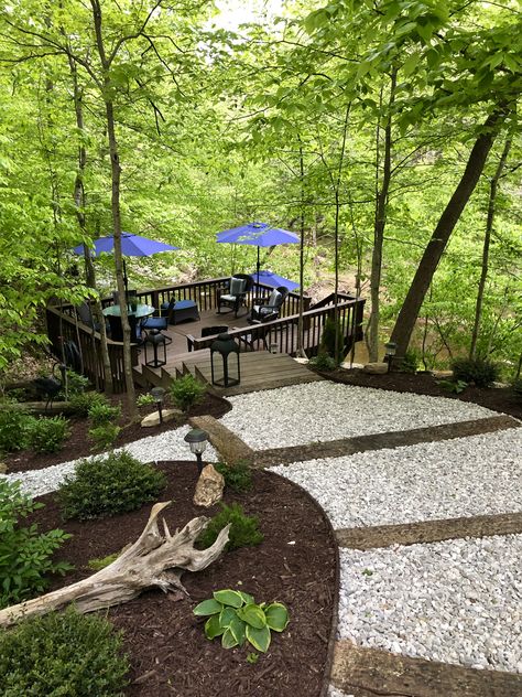 Landscaping In The Woods Backyards, Backyard Woods Ideas, Cabin Front Yard, Mountain Side Landscape Ideas, Mountain Property Landscaping, Deck In The Woods, Deck Over Creek, Yard In The Woods, Forest Patio Ideas