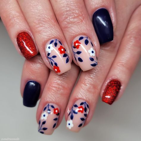 Navy Blue And Maroon Nails, Red White And Blue Floral Nails, Red And Navy Nails, Navy Blue And Red Nails, Navy And Red Nails, Dark Navy Blue Nails, Navy Blue Fall Nails, Mom Nails, Dark Blue Nails