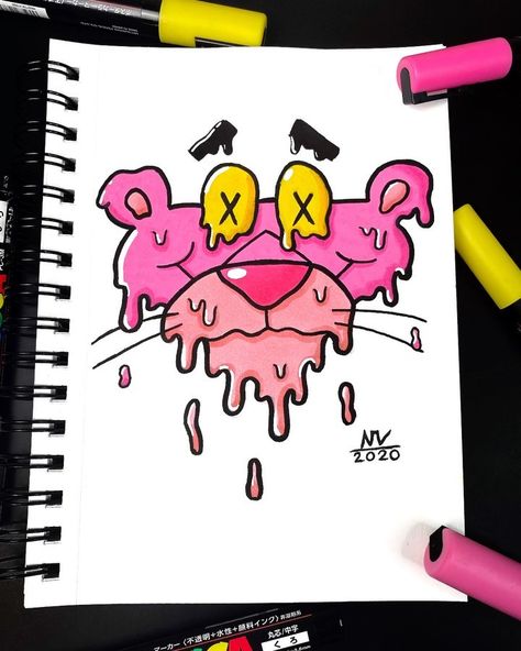 Drip Effect Drawing Cartoon, Drippy Drawing Ideas Easy, Cartoon Posca Art, Edgy Cartoon Characters, Pink Panther Painting Canvas, Drip Drawing Cartoon, Things To Draw With Paint Pens, Trippy Drippy Art, Drawing Ideas Colorful Markers