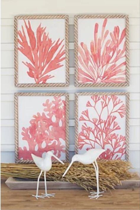 Framed Coral Prints Sets Liven up your space with color! Drawing inspiration from the sea, these coral watercolor are prints are framed in a nautical rope-like wood, further accentuating coastal appeal. Follow my shop @beach_life_living on the @shop.LTK app to shop this post and get my exclusive app-only content! #liketkit #LTKtravel #LTKSeasonal #LTKhome @shop.ltk https://liketk.it/45IPO Coral Coastal Decor, Relax Wall Art, Florida Decorating, I Need Vitamin Sea, Stone Wall Art, Coral Watercolor, Beach Bungalow, Color Drawing, Coral Print