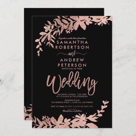 $2.80 | Rose Gold typography floral black chic wedding #floral wedding, modern, foliage, chic, hand painted floral, modern wedding, leaf, sophisticated wedding, rose gold and black, rose gold typography Wedding Rose Gold, Rose Gold Wedding Invitations, Chic Wedding Invitations, Navy Blue Wedding Invitations, Afternoon Wedding, Gold Typography, Wedding Rose, Rose Wedding Invitations, Wedding Address