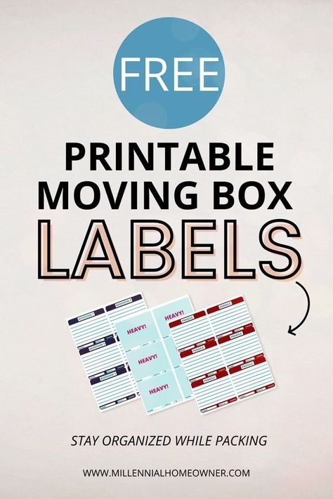 Get these free printable moving labels from Millennial Homeowner to help keep your moving packing process be organized while you move into your new first home. The moving tags are color coded with plenty of room to write what is in each box. These moving labels for boxes are a moving day essential! Visit the blog to get the free printable labels for moving boxes and more moving tips, & cross packing off your moving checklist! Using these DIY labels is one of the best moving hacks. - House Mo Home Building Binder, Best Moving Hacks, Building Binder, Printable Moving Labels, Declutter Before Moving, Free Moving Boxes, Moving Box Labels, Moving Timeline, Moving Packing Tips