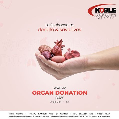 Let's choose to donate & save lives WORLD ORGAN DONATION DAY #noblediagnostics #noblelabskannur #noble #diagnosticcenter #DonateLife #OrganDonationDay #GiftOfLife #SaveLivesWithOrgans #TransplantMiracles #LifeSaver World Organ Donation Day Creative Ads, World Organ Donation Day, Body Contouring Surgery, Organ Donation Awareness, Best Plastic Surgeons, Donate Life, Human Organ, Organ Donor, Organ Donation