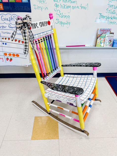 Diy Classroom Chairs, Teacher Rocking Chairs For Classroom, Wooden Teacher Chair, School Rocking Chair, Painted Teacher Chair Classroom, Rocking Chair Classroom, Rocking Chair For Classroom, Rocking Chair Teacher, Painted Classroom Chair