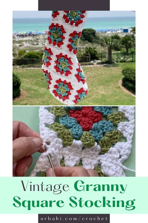 Vintage Granny Square Stocking Granny Square Stocking Pattern Free, Crochet Christmas Stocking Free Pattern, Granny Square Christmas Stocking, Crochet Stocking Pattern Free, Granny Square Stocking, Granny Square Christmas, Stocking Crochet Pattern, Stocking Pattern Free, Stocking Crochet