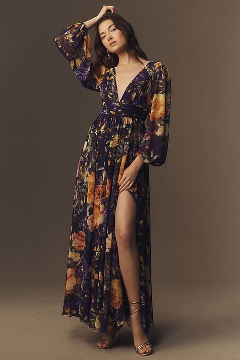 BHLDN Mae Long-Sleeve V-Neck Chiffon Maxi Dress Sheer Maxi Dress, Chiffon Maxi, Chiffon Maxi Dress, Guest Outfit, Purple Dress, Nice Dresses, Evening Dresses, Anthropologie, Dress Outfits