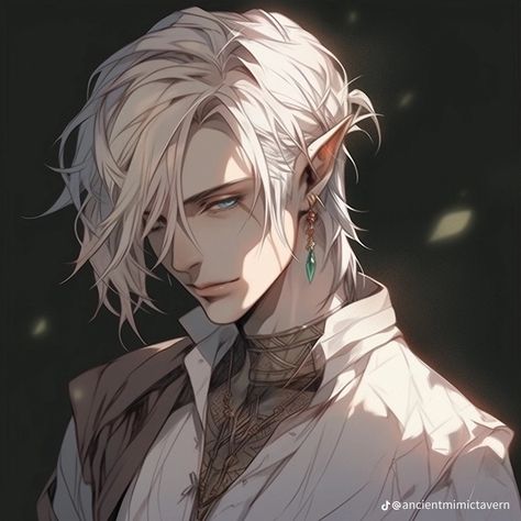 Male Elf Short Hair, White Haired Elf Male Fantasy Art, Male Elf White Hair, Changeling Dnd Art Male, Elf Aesthetic Male, Elf Short Hair, Male Elf Character Art, White Hair Elf Male, Elf Male Character Design