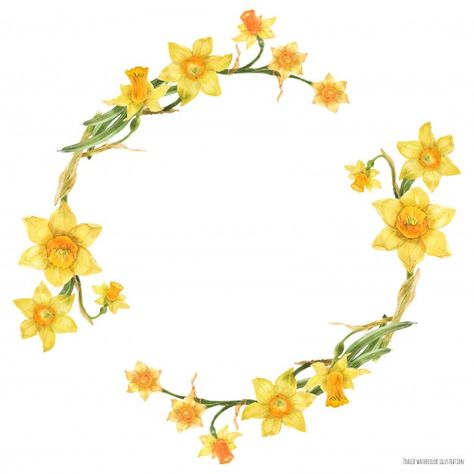 Yellow Flowers Drawing, Daffodil Wreath, Wreath Tattoo, Daffodil Flowers, Daffodil Tattoo, Framed Tattoo, Frame Watercolor, Wedding Drawing, Yellow Frame