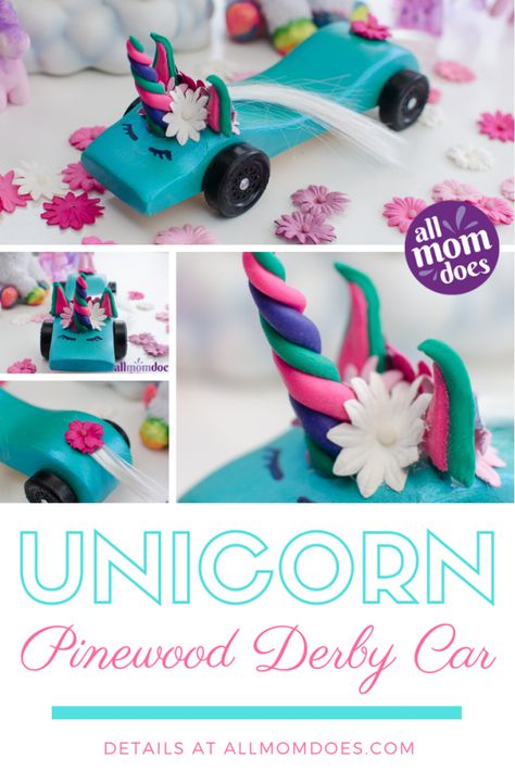 Unicorn Pinewood Derby Car Design Ideas Powderpuff Derby Cars, Pinewood Derby Cars For Girls Ideas, Cub Scout Derby Car Ideas, Barbie Pinewood Derby Car, Girls Pinewood Derby Cars, Pine Wood Derby Cars Designs Girl, Pine Car Derby Ideas Design, Pine Derby Cars Ideas Design, Unicorn Derby Car