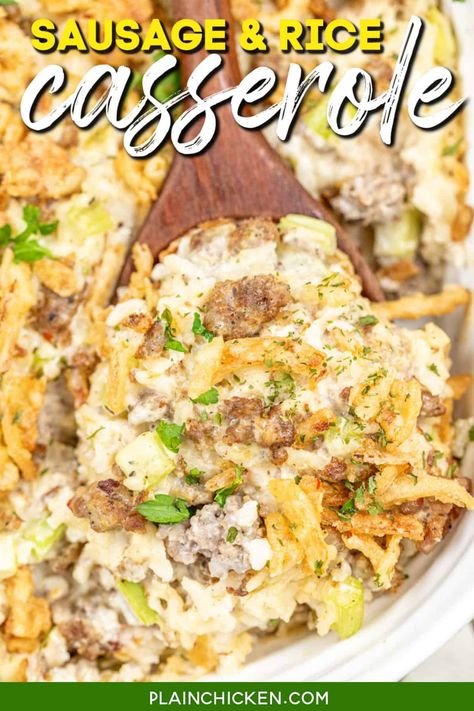 Sausage and Rice Casserole Recipe - Made with savory sausage, perfectly cooked rice, and a creamy mix of celery soup, sour cream, and milk, it's topped with crispy French fried onions for the perfect crunch. Easy to make and ready in just 30 minutes, this casserole is perfect for family dinners or gatherings. Breakfast Sausage And Rice Recipes, Wild Rice Sausage Casserole, Minute Rice Casserole Recipes, Cheesy Sausage And Rice, Sausage Rice Casserole, Sausage And Rice, Sausage And Rice Casserole, Weeknight Casseroles, Sausage Rice