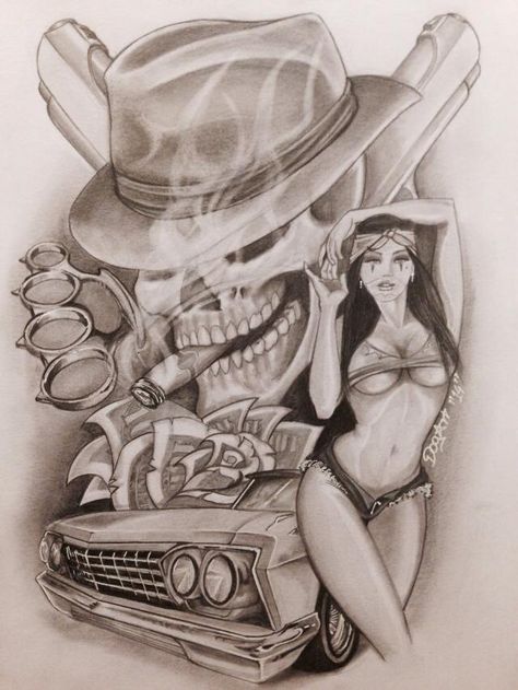 Pin Up with Skull Prison Drawings, Car Money, Money Rose, Prison Art, Chicano Style Tattoo, Cholo Art, Chicano Tattoos, Lowrider Art, Chicano Tattoo