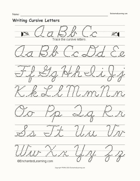 Writing Cursive Letters - Enchanted Learning Writing Cursive Handwriting Practice, Cursive Chart, Tracing Cursive Letters, Cursive Alphabet Printable, Cursive Practice Sheets, Writing Cursive, Cursive Letters Worksheet, Teaching Cursive Writing, Cursive Writing Practice Sheets