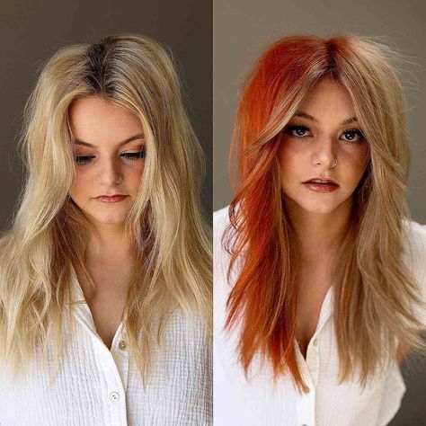 These are The 93 Hottest Hair Color Ideas of 2024 Gemini Hair Color Trend, Brown And Vivid Hair, 2023 Trendy Hair Color, Hair Color Ideas For Women In 30s, Hair Color Patterns Ideas, Edgy Copper Hair, 2924 Hair Trends, 2023 Fall Hair Color Trends For Women, Half Copper Half Brown Hair