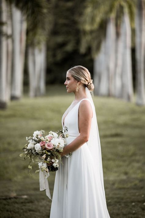 Simple Bridal Hair With Veil, Low Bun Veil Wedding, Cathedral Veil Hairstyles Updo, Wedding Updo With Veil Underneath, Wedding Bun Veil, Bride Low Bun Hairstyles With Veil, Wedding Ponytail With Veil, Low Bun Veil, Wedding Veils With Hair Up