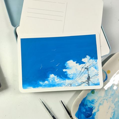 Guache Cloud Painting, Gouache Sky Tutorial, Guache Clouds, Sky Gouache Painting, Gouache Clouds, Gouache Sky, Painting Sky, Poster Color Painting, Watercolor Scenery