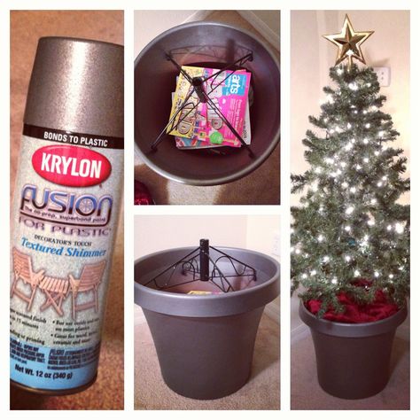 Make your short, fake Christmas tree taller and better!  (1) find a giant plastic pot that the base just barely fits in. (2) spray paint it a nice festive metallic color. (3) fill the bottom of the pot with heavy stuff, like magazines and books, so it doesn't tip over (4) insert your tree base and cover it all with a nice piece of thick, luscious fabric or a tree skirt bunched up and around the base. (5) insert your tree, fluff, tinsel, light and decorate!  For you, Jen! Christmas Tree Taller, Fake Christmas Tree, Fake Christmas Trees, How To Make Christmas Tree, Tree Base, Metal Tree, Diy Valentines Gifts, Tree Skirt, Valentines Diy