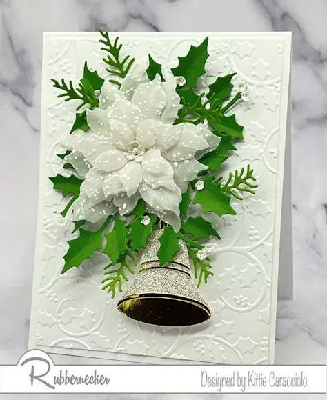 You won't believe how easy this handmade elegant white on white Christmas card is to put together and I am sharing all my details free in the post so you can try them out on your own projects. Come check them out and then be sure you Pin this to your Holiday Card Ideas board so you have all the different touches available to try out on all your projects. This card is also a great batch making card - make all the flowers, then all the bells, the card bases and then pop on the details! Holiday Card Ideas, Die Cut Christmas Cards, White Christmas Card, Elegant Christmas Cards, Handcrafted Christmas Cards, Cardmaking Techniques, Diy Holiday Cards, Heartfelt Creations Cards, Poinsettia Cards