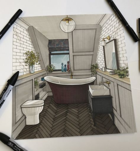 Bathroom design Plan using pro marker alcohol markers and fine liners. Subway tile, herringbone floor tile, slipper bath and press fittings. Tile Herringbone Floor, Bathroom Design Plan, Home Design Drawing, Subway Tile Herringbone, Bathroom Design Plans, Bathroom Lighting Design, Interior Design Sketchbook, Slipper Bath, Interior Design Renderings