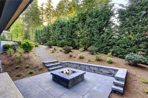 Flagstone Patio Design, Outdoor Fire Pit Seating, Sunken Fire Pits, Square Fire Pit, Flagstone Patio, Concrete Fire Pits, Fire Pit Seating, Patio Fire Pit, Landscape Construction