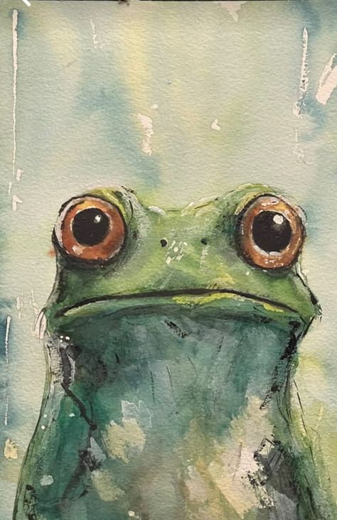 Watercolor Art Bathroom, Watercolor Art Cute Easy, Watercolour Inspiration Animals, Frog Watercolor Paintings, Watercolor Toad, Frog Painting Ideas, Cute Frog Painting, Drawings Of Frogs, Watercolour Frog