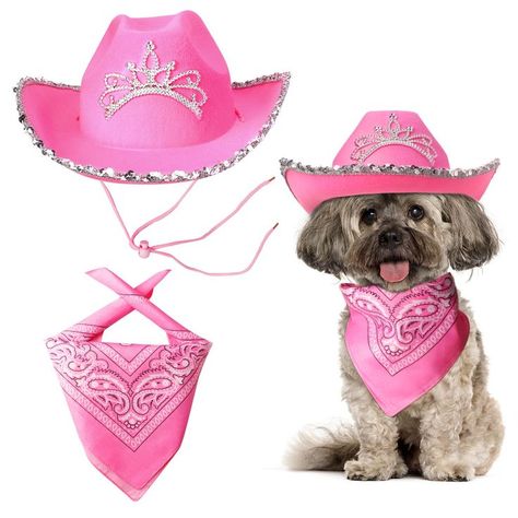 Yewong Pet Pink Cowboy Hat Costume Accessory Set Dog Cat Size Pink Cowgirl Princess Hat with Crown Tiara Bandana/Scarf for Cat Puppy Western Costume Daily Wearing Photo Props Cowgirl Dog Costume, Barbie Cowboy Party, Barbie Dog Costume, Pink Cowboy Costume, Cowboy Hat Costume, Girl Dog Costumes, Halloween Costumes Cowgirl, 2 Person Halloween Costumes, Cute Easy Halloween Costumes