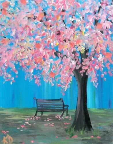 . Bench Art Painting, Pink Trees Painting, Park Bench Painting, Park Bench Drawing, Pink Tree Painting, Park Painting, Kraf Kertas, Wisteria Tree, Flowering Tree