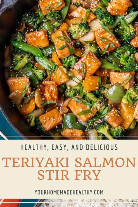 This Teriyaki Salmon Stir Fry is my favorite light and healthy stir fry dish to make. It's made with an easy homemade teriyaki sauce and marinaded salmon. All you need is a few simple ingredients and your favorite stir fry vegetables. Teriyaki Salmon Stir Fry, Smoked Salmon Risotto, Stir Fry Dinner Recipes, Salmon Stir Fry, Stir Fry Vegetables, Baked Teriyaki Salmon, Mango Salsa Salmon, Healthy Stir Fry, Pan Fried Salmon