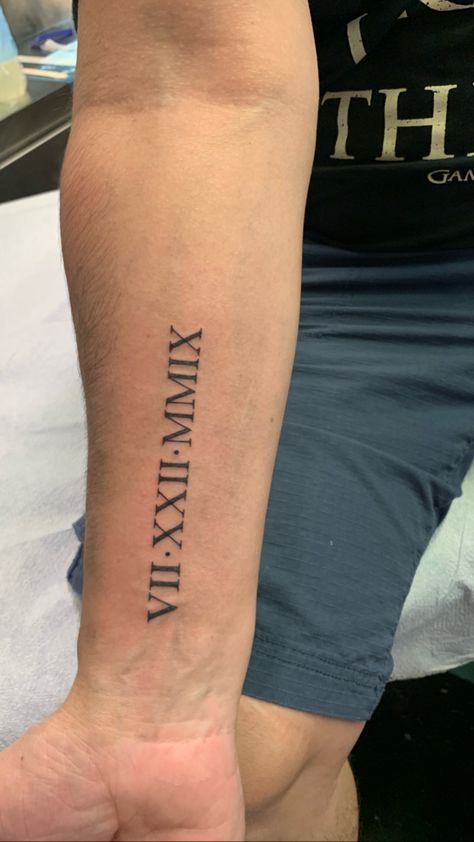 Roman Numeral Tattoo Men Forearm, Mens Roman Numeral Tattoo, Roman Numeral Tattoo Men, Owen Tattoo, Birth Date Tattoo, Roman Numeral Date Tattoo, Small Tattoos For Guys Arm, Turkey Tattoo, Turkey Tattoos