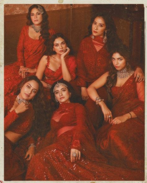 Vintage Indian Outfits, Heeramandi Poses, Red Dress Bridesmaid Dress, Vintage Group Photoshoot, Desi Maximalism, Heeramandi Outfits, Heeramandi Aesthetic, Bestie Quote, Desi Bridesmaids