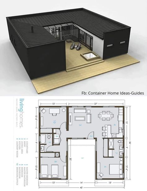 U Shaped Shipping Container House Plans, 4 Container House Design, Shipping Container Homes 3 Bedroom, Shipping Container Blueprints, 4 Bedroom Container Home, How To Build A Small House, Storage Container Homes Plans Layout, A Frame Container Home, 4 Bedroom Container Home Floor Plans