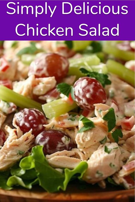 A wooden bowl filled with chicken salad featuring pieces of chicken, celery, grapes, and garnished with lettuce. Chicken Salad Recipe With Grapes, Recipe With Grapes, Simple Chicken Salad, Easy Chicken Salad Recipe, Delicious Chicken Salad, Chicken Salad Recipe Easy, Easy Chicken Salad, Easy Peasy Recipes, Grape Recipes