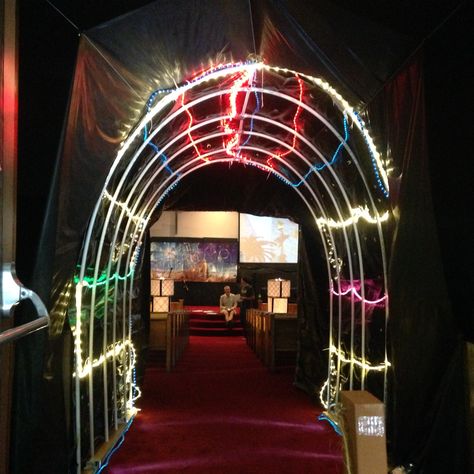 Our "Blast to the Past" time tunnel. Using pic, a tarp, and lots of rope lights! Time Travel Decorations Vbs, Time Travel Party Decorations, Time Travel Decorations, Futuristic Party, Maker Fun Factory Vbs, Maker Fun Factory, Travel Party Theme, Rope Lights, Vbs Themes