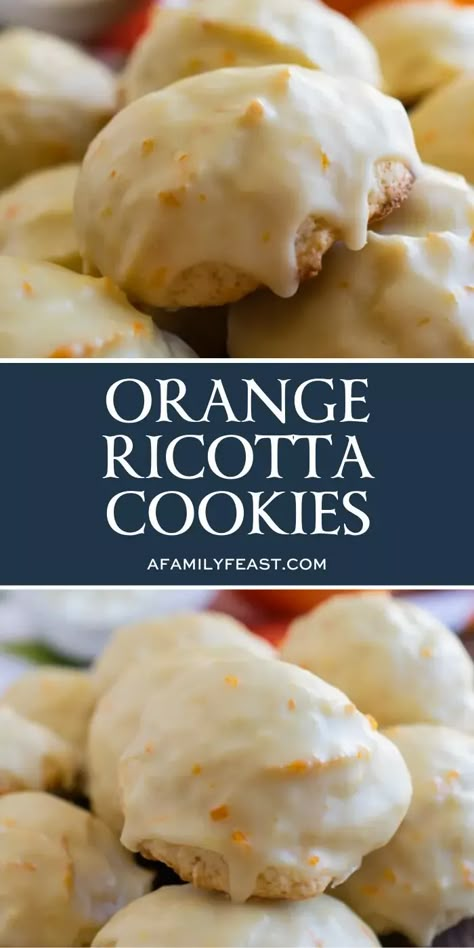 All Recipes Ricotta Cookies, Orange Treats Desserts, Italian Baking Desserts, Orange Flavored Cookies, Almond Ricotta Cookies, Lemon Ricotta Cookies With Lemon Glaze, Orange Cookies Frosted, Ricotta Uses, Recipes Using Fresh Oranges