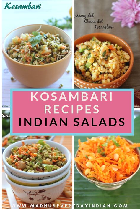 collection of south indian style kosambari recipes. Kosambari or koshambari is a popular salad recipe form karnataka.   Kosambari recipes i am sharing today are green moong dal kosmabrai, chana dal kosambari, moong dal Kosambari, carrot Kosambari, cucumber dal kosambari.   #kosambari #salad #southindiansalad #karnataka Kosambari Recipe, Indian Salad Recipes, Veg Salad Recipes, Traditional Salad, Indian Salad, Indian Salads, Chana Dal, Cutlets Recipes, Healthy Indian Recipes