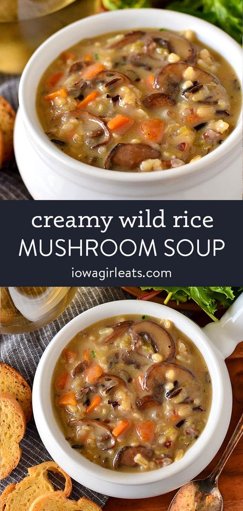 Creamy Wild Rice Mushroom Soup is the definition of comfort food! You will go back for bowl and after bowl of this hearty yet healthy soup. iowagirleats.com keywords: soup recipes, soup recipes healthy, soup recipes easy, vegetarian recipes, vegetarian soup Hearty Mushroom Soup, Gf Soup Recipes, Wild Rice Mushroom Soup, Rice Mushroom Soup, Gf Soup, Wild Rice Mushroom, Creamy Wild Rice, Gf Soups, Creamy Wild Rice Soup