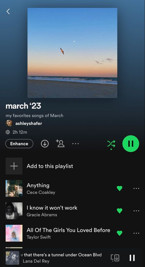 my favorite songs of March 2023! #spotify #playlist #music #songs #songswithshafer #taylorswift #gracieabrams #lanadelrey 2023 Spotify Playlist, March Playlist, Playlist Music, Playlist Spotify, March 2023, Spotify Playlist, Music Songs, Aesthetic Wallpaper, Lana Del Rey