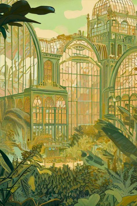 Victorian Greenhouse Illustration, Imaginary Architecture, Arts And Crafts Movement Aesthetic, Botanical House, Greenhouse Art, Vintage Greenhouse, Greenhouse Drawing, Greenhouse Illustration, Greenhouses