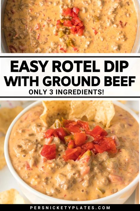 This easy Rotel dip with ground beef is the perfect party appetizer! Made with just three ingredients this cheesy, beefy dip has a bit of spice that everyone will love. Ideal for game days or gatherings, it’s a quick and delicious dip that will have your guests asking for the recipe! Easy Dips For Dinner, Dip For Game Day, Keto Party Dips, Easy Party Crockpot Food, Football Sunday Dips Crock Pot, Quick Apps For Party, Best Tailgate Appetizers, Game Day Foods Easy, 5 Ingredient Appetizers