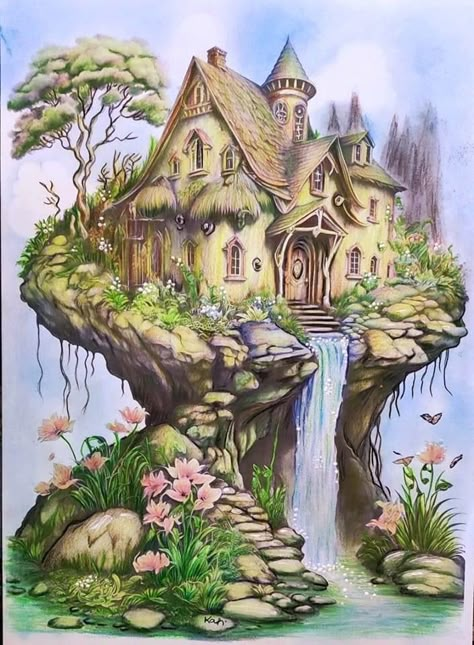 Whimsical Houses Art, Fairy Cottage Drawing, Fairytale Cottage Drawing, Cottage Drawing Fairytale, Fantasy House Drawing, Fairy House Drawing Cottages, Cottage Concept Art, Up Movie House, Fairy House Drawing