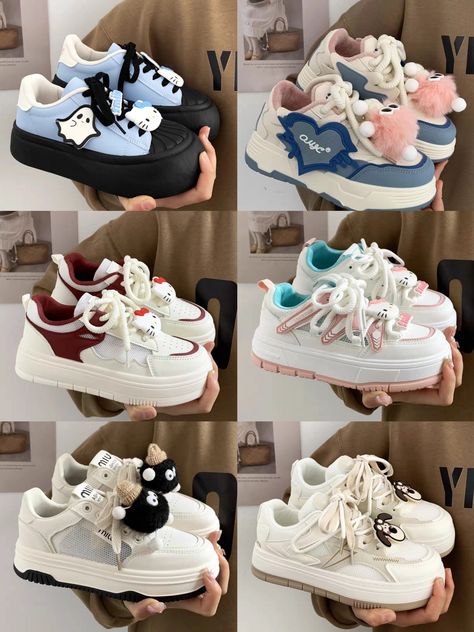 Shoes Korean Shoes Aesthetic, Girly Shoes Sneakers, Shoes Sneakers Aesthetic, Sneakers Aesthetic, Casual Shoes Women Sneakers, Korean Shoes, Pretty Sneakers, Crocs Fashion, Toe Thong Sandals