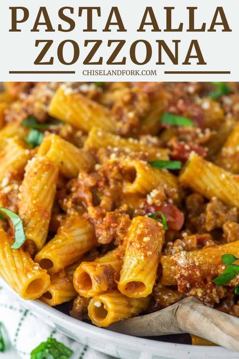 A mash-up of three famous pasta dishes, amatriciana, cacio e pepe and carbonara, this pasta alla zozzona is an eruption of flavor. #pastaallazozzona #pasta #rigatoni | chiselandfork.com Pasta Rigatoni, Gourmet Pasta, Italian Pasta Dishes, Mild Italian Sausage, Italian Pasta Recipes, Best Pasta Recipes, Pasta Dinners, Pasta Dinner Recipes, Italian Dinner