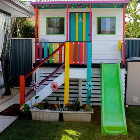 Eclectic Kids by Classic Quarters Group Pty Ltd Treehouse Makeover, Playhouse Paint Ideas, Outdoor Playscapes, Cubby House Ideas, Cubby Ideas, Kids Cubby Houses, Kids Cubbies, Backyard Playset, Kids Yard