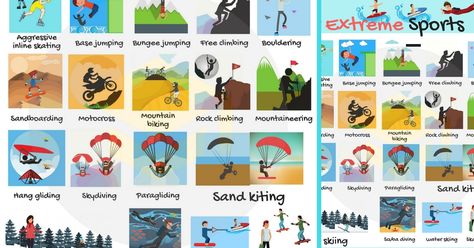 58shares Extreme sports are recreational activities perceived as involving a high degree of risk. These activities often involve speed, height, … List Of Sports, Vocabulary In English, Writing Mini Lessons, Base Jump, Learning English For Kids, Picture Dictionary, English Vocab, Kids English, Vocabulary List