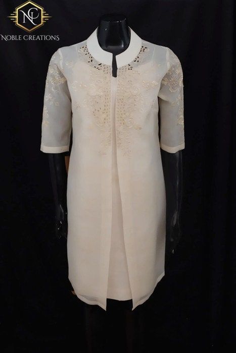 TUNIC BLAZER in COCOON Silk - Embroidered Modern Filipiniana Barong Tagalog Philippine National Costume Filipino Filipina - Beige Modern Filipiniana Barong, Philippine National Costume, Barong Tagalog For Women, Modern Filipiniana Gown, Modern Dress Patterns, Cocoon Silk, Modern Filipiniana Dress, Modern Filipiniana, Filipino Fashion